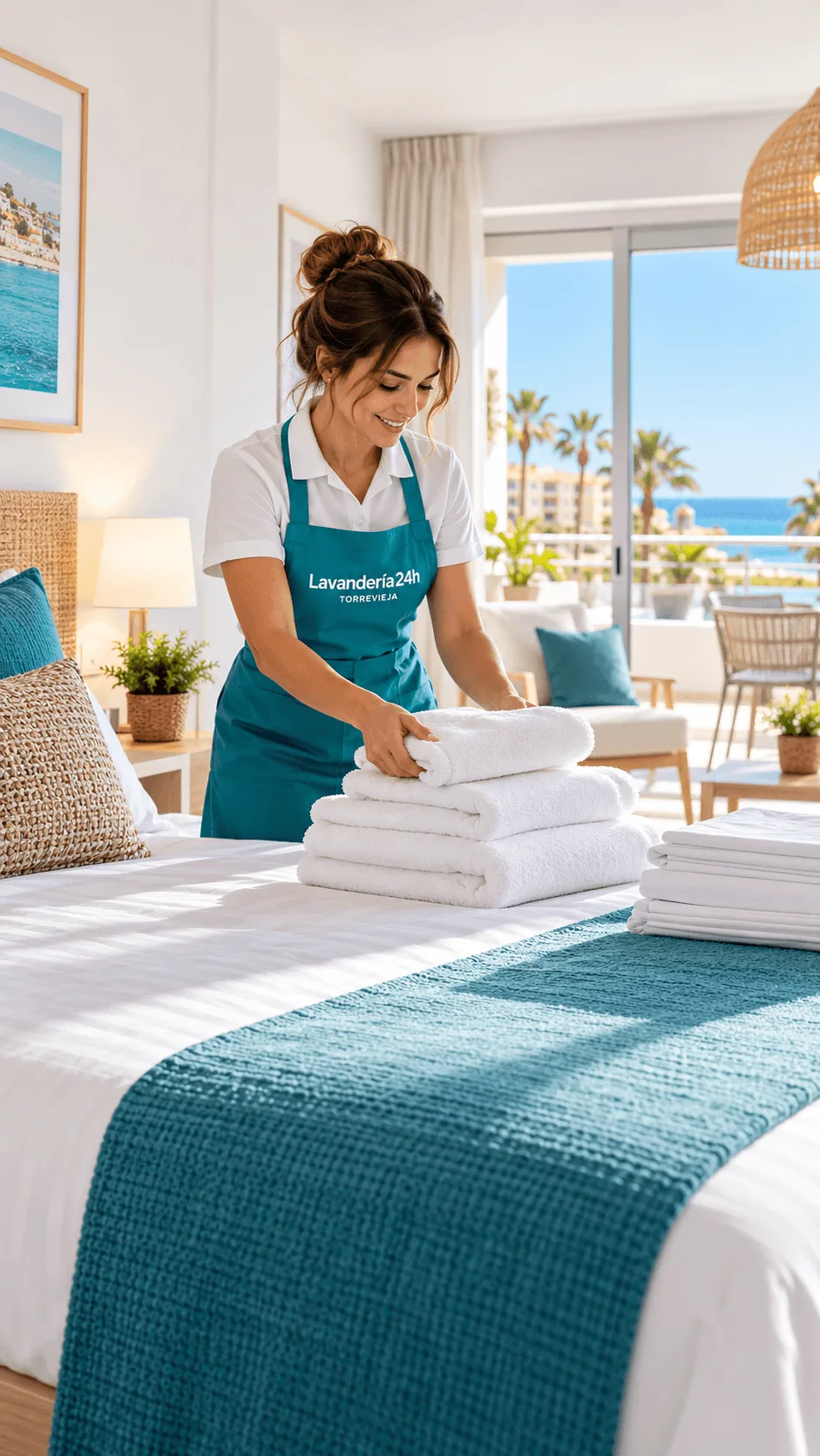 Preparación de toallas sobre la cama de un apartamento turístico